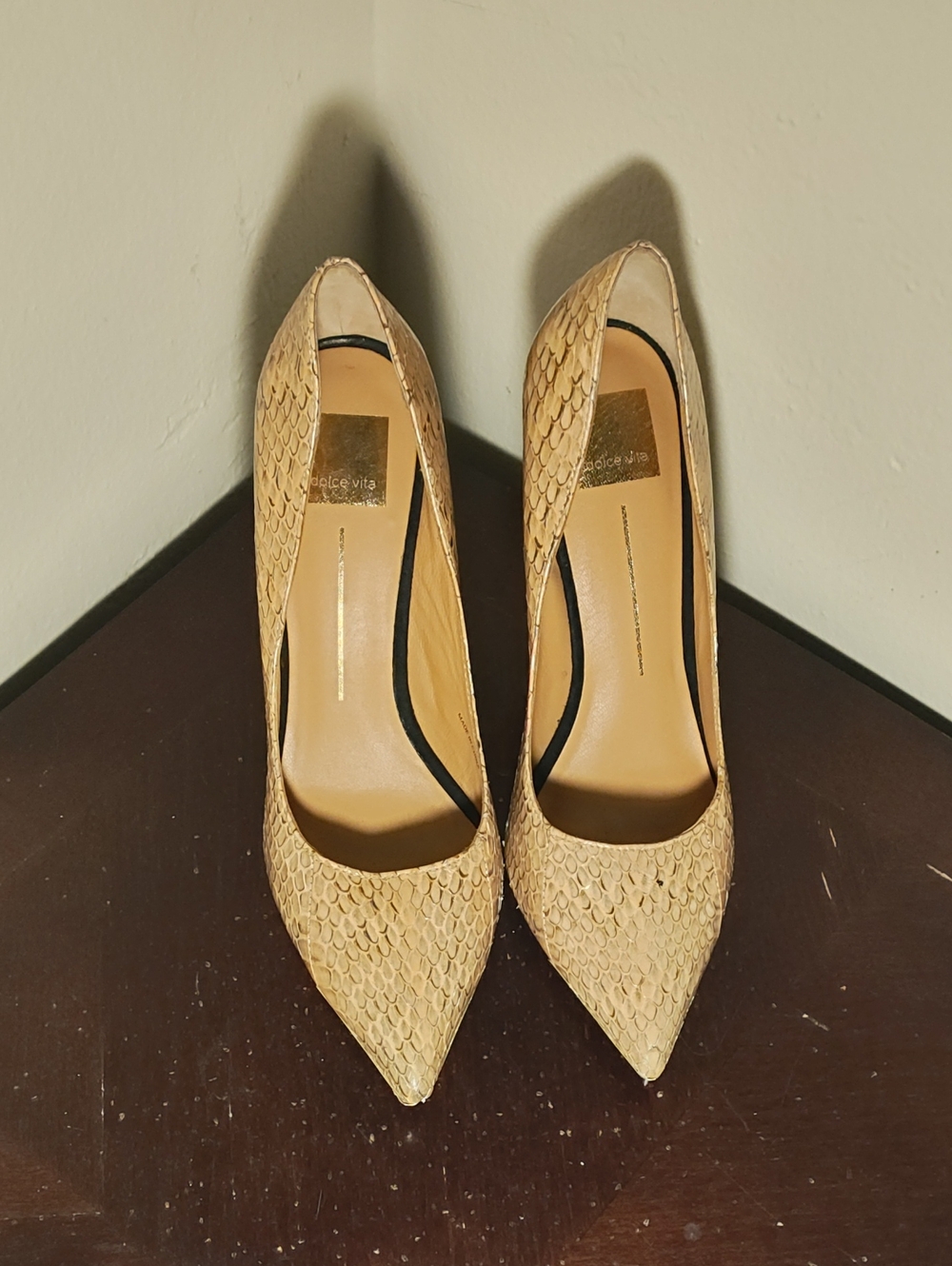 Dolce Vita Tan Snakeskin-Effect Pointed Toe Pumps